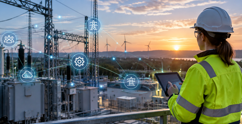 Utility engineer reviewing asset and configuration data beside energy infrastructure with digital service dependency links.