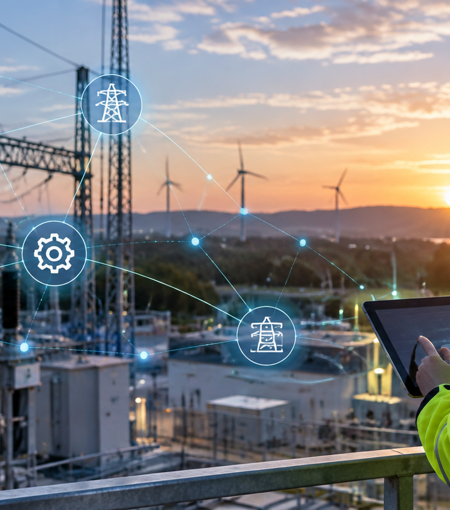 Utility engineer reviewing asset and configuration data beside energy infrastructure with digital service dependency links.