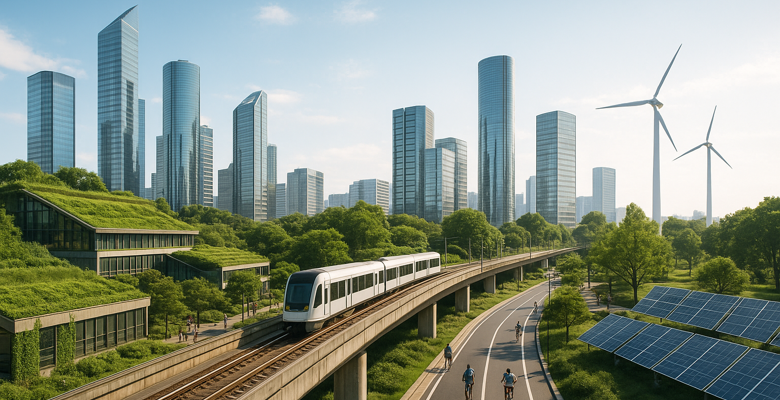 ai image of sustainable town with cycle paths and solar panels