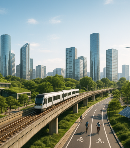ai image of sustainable town with cycle paths and solar panels