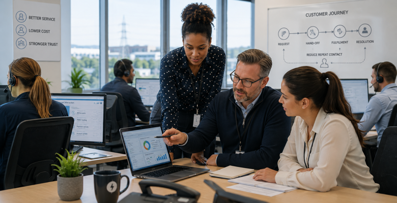 Utility customer operations team reviews customer journeys, repeat-contact patterns and service workflows to identify avoidable cost-to-serve.