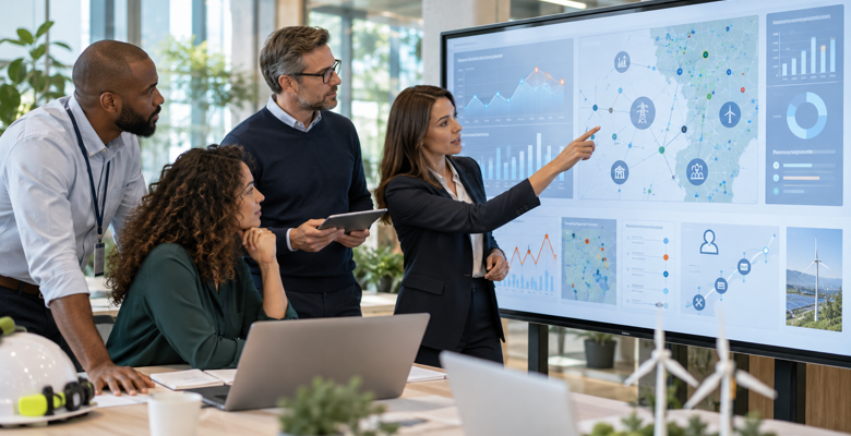 Energy and utilities team reviewing AI-supported service and operational data on a digital analytics dashboard.