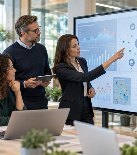 Energy and utilities team reviewing AI-supported service and operational data on a digital analytics dashboard.