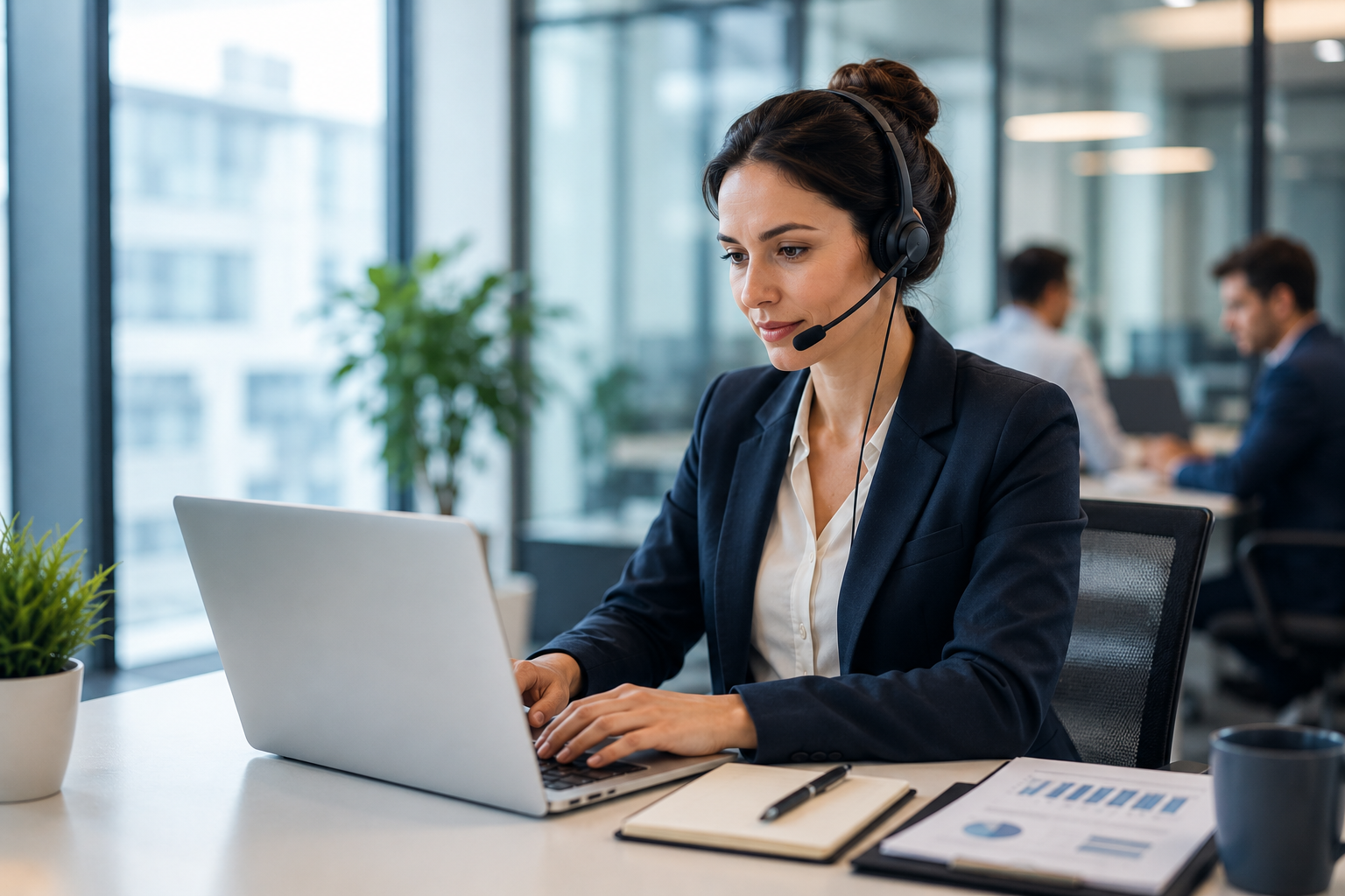 woman with headset working on laptop computer at desk
