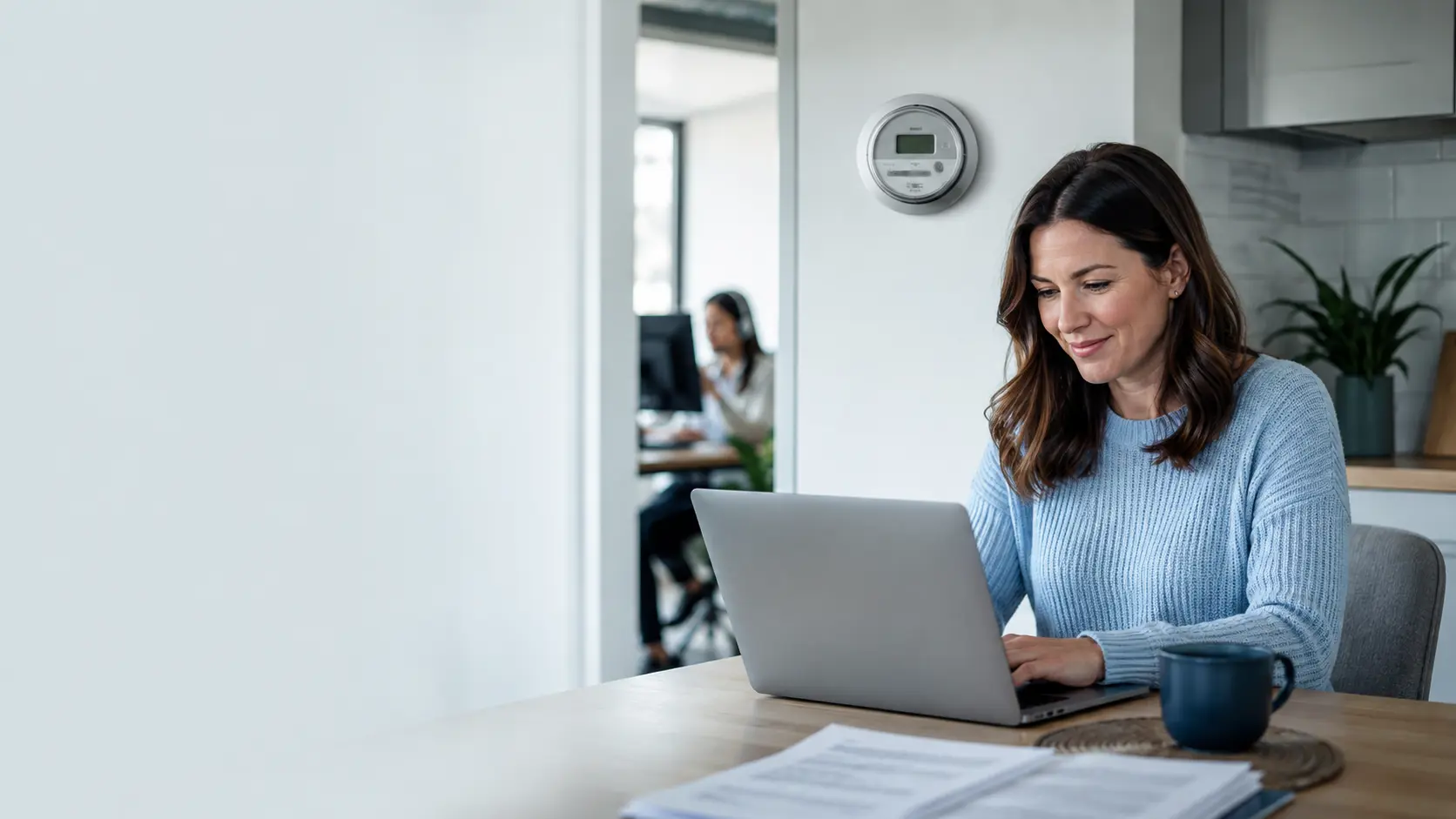 Utility customer using a laptop at home beside a smart meter, with a customer service adviser visible in the background.