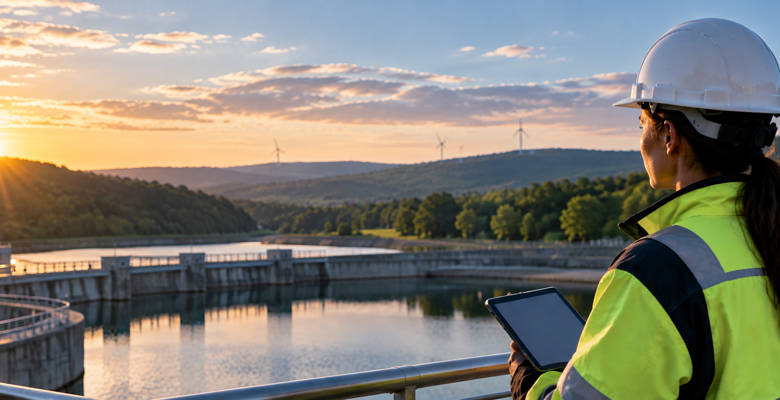 Utility field engineer overlooking critical energy infrastructure while reviewing service conditions on a tablet.