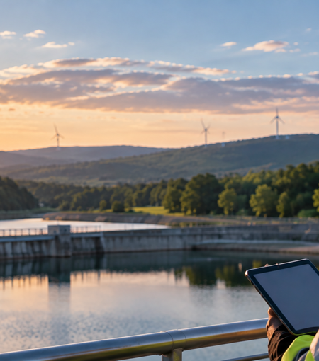 Utility field engineer overlooking critical energy infrastructure while reviewing service conditions on a tablet.
