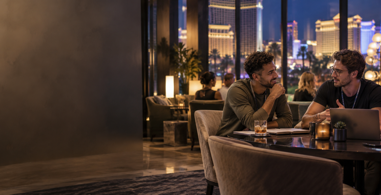 Two colleagues discussing work at a table with a laptop in a modern lounge overlooking a city at night