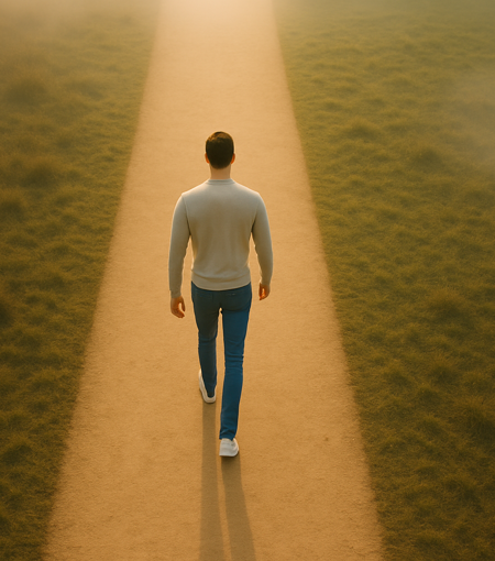 Imagen de un hombre caminando por un camino a través de un campo
