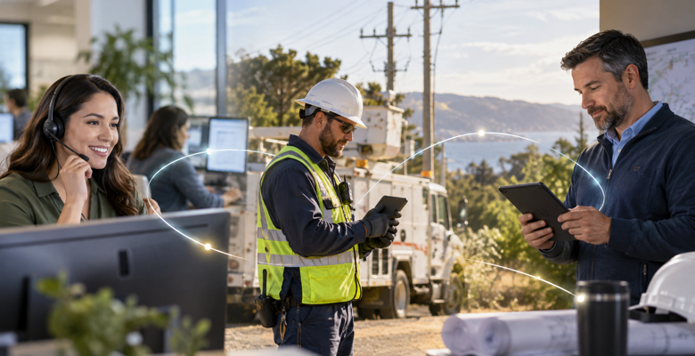 Customer service adviser, field engineer and service manager connected through a digital workflow in utility operations.