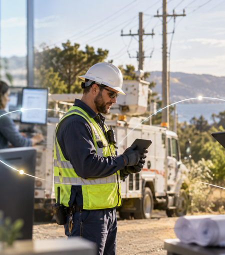 Customer service adviser, field engineer and service manager connected through a digital workflow in utility operations.