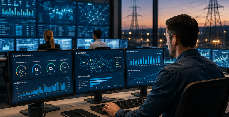 Utility operations team reviews service management metrics across customer effort, outage response, resilience, asset coverage and change performance.