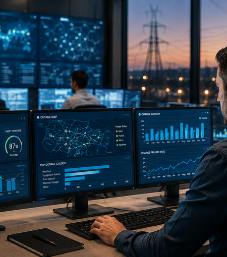 Utility operations team reviews service management metrics across customer effort, outage response, resilience, asset coverage and change performance.