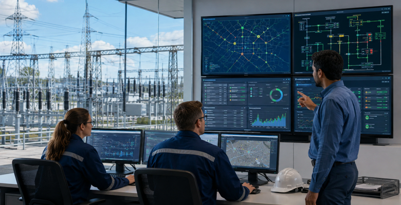 Utility operations team monitors IT and operational technology systems beside an electrical substation.
