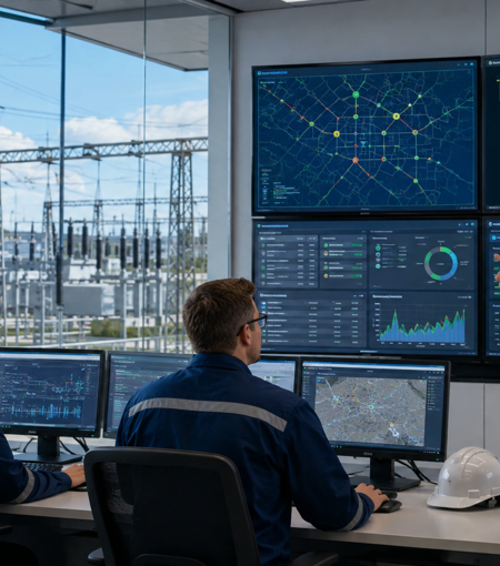 Utility operations team monitors IT and operational technology systems beside an electrical substation.
