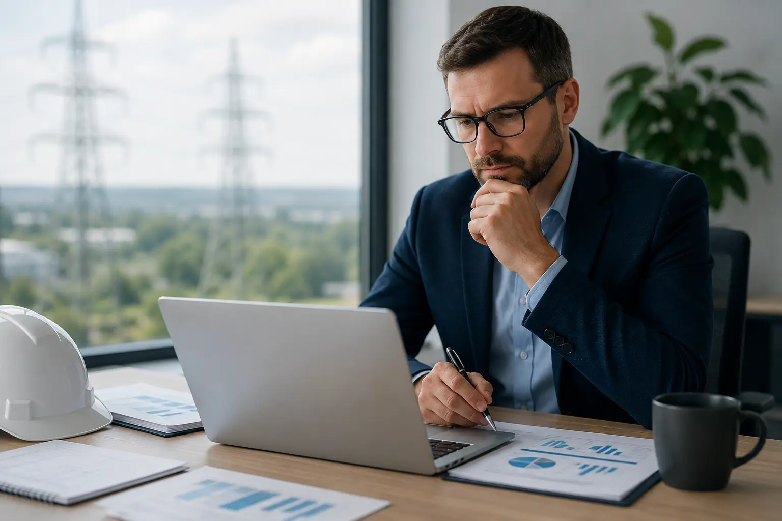 Utility modernisation lead reviews release-readiness data and project documents in an office overlooking power infrastructure.
