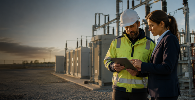 Utility field engineer and technology lead review digital service information at an electrical substation during a CIS modernisation programme.