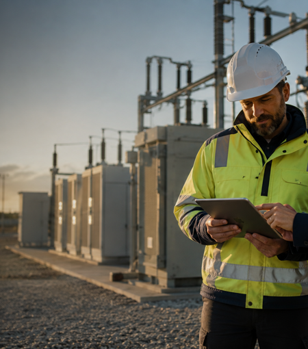 Utility field engineer and technology lead review digital service information at an electrical substation during a CIS modernisation programme.